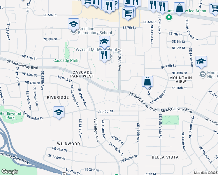 map of restaurants, bars, coffee shops, grocery stores, and more near 13422 Southeast McGillivray Boulevard in Vancouver