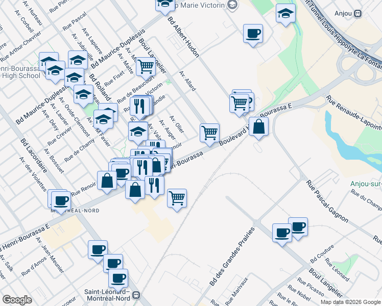 map of restaurants, bars, coffee shops, grocery stores, and more near 6445 Boulevard Henri Bourassa Est in Montreal