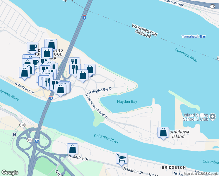 map of restaurants, bars, coffee shops, grocery stores, and more near 155 North Hayden Bay Drive in Portland