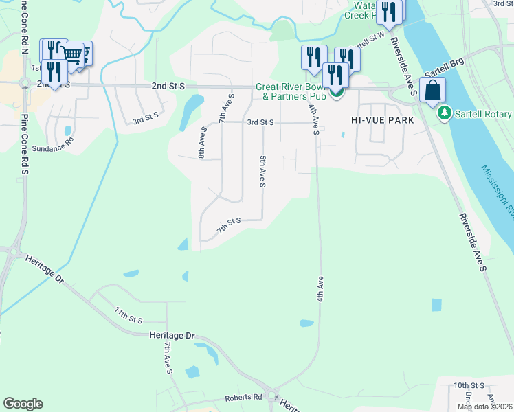map of restaurants, bars, coffee shops, grocery stores, and more near 422 6th Avenue South in Sartell