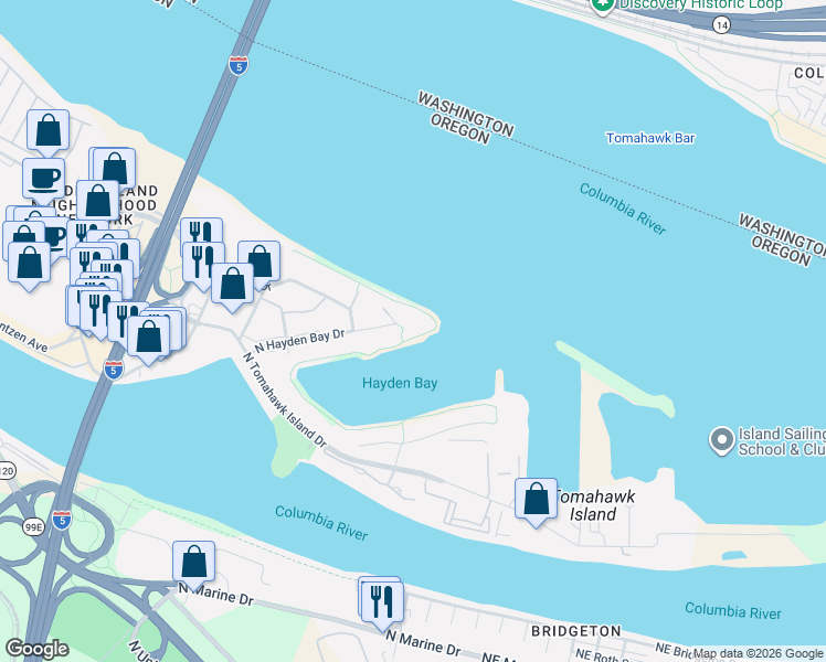 map of restaurants, bars, coffee shops, grocery stores, and more near 170 North Hayden Bay Drive in Portland