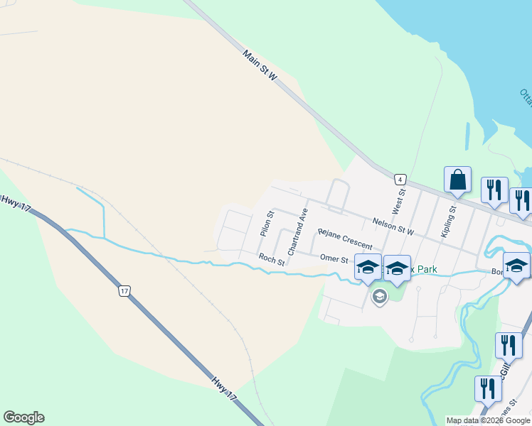 map of restaurants, bars, coffee shops, grocery stores, and more near 877 Pilon Street in Hawkesbury