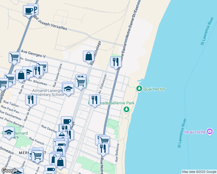 map of restaurants, bars, coffee shops, grocery stores, and more near 537 Avenue Hector in Montréal
