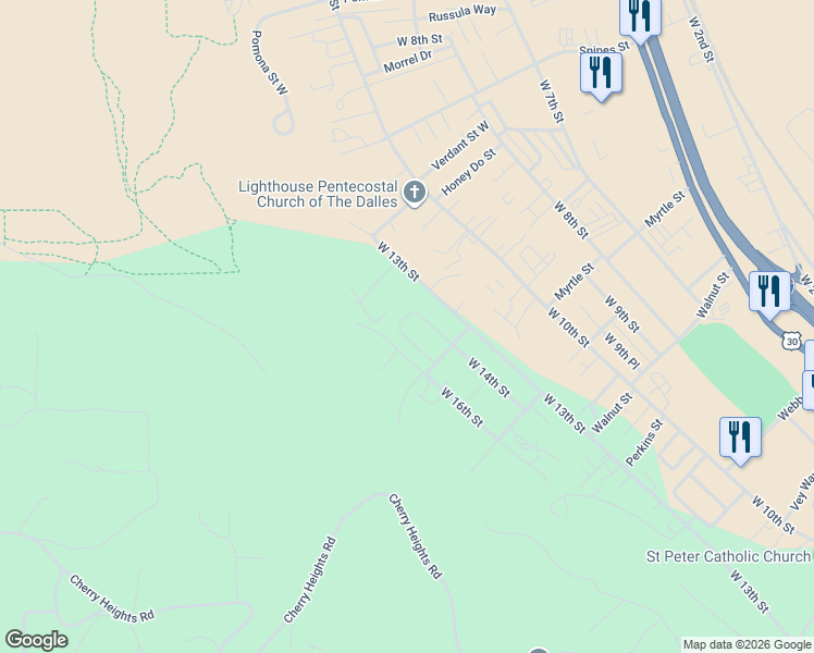 map of restaurants, bars, coffee shops, grocery stores, and more near West 15th Street in The Dalles