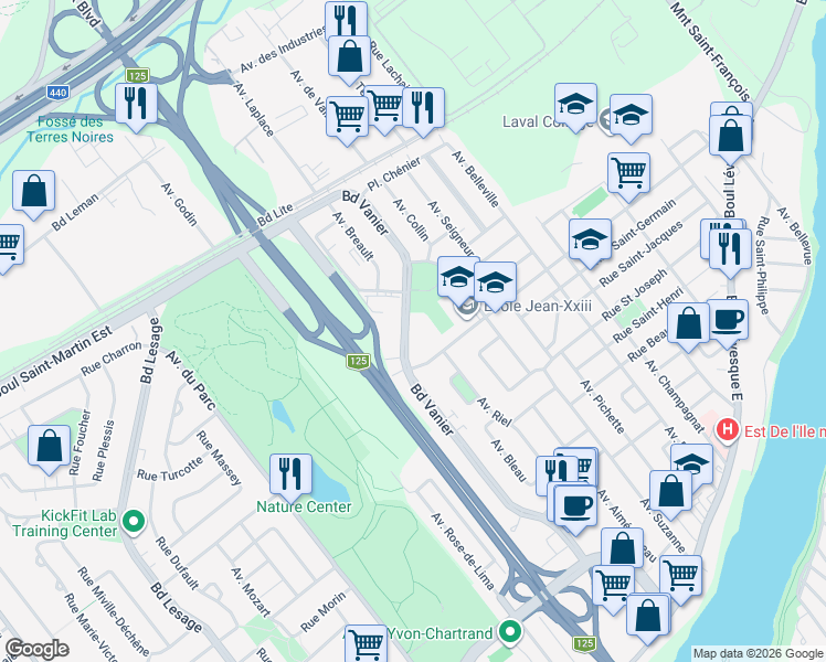 map of restaurants, bars, coffee shops, grocery stores, and more near 1111 Boulevard Vanier in Laval