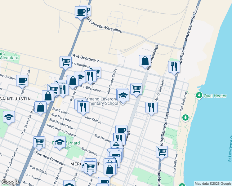 map of restaurants, bars, coffee shops, grocery stores, and more near 2775 Avenue Bilaudeau in Montréal