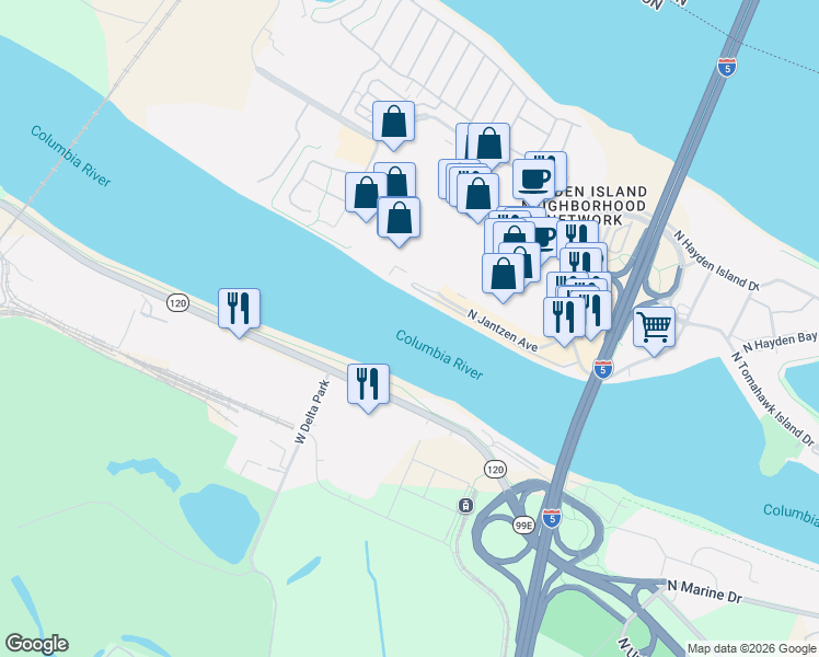 map of restaurants, bars, coffee shops, grocery stores, and more near 1833 North Jantzen Avenue in Portland