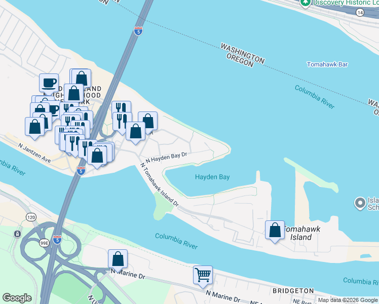 map of restaurants, bars, coffee shops, grocery stores, and more near 75 North Hayden Bay Drive in Portland