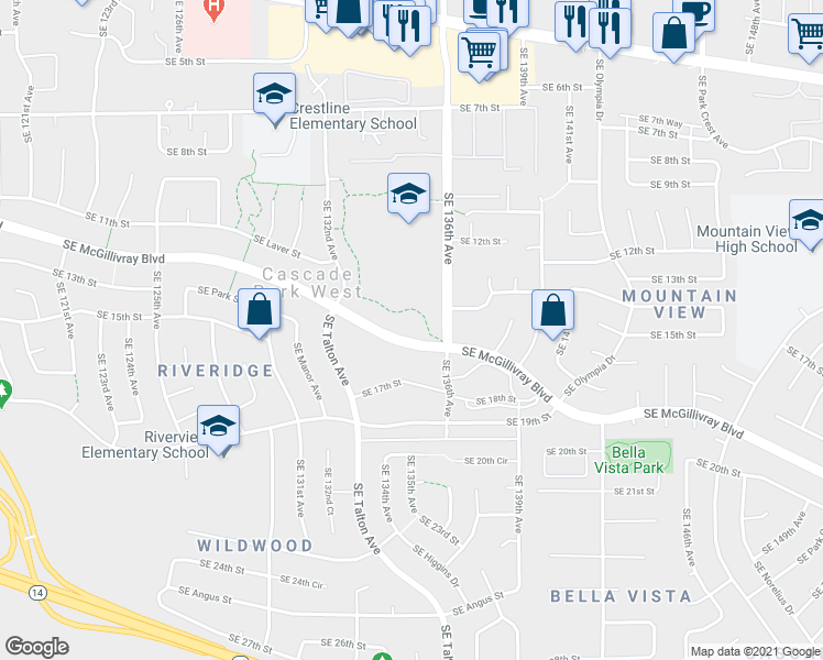 map of restaurants, bars, coffee shops, grocery stores, and more near 13418 Southeast McGillivray Boulevard in Vancouver