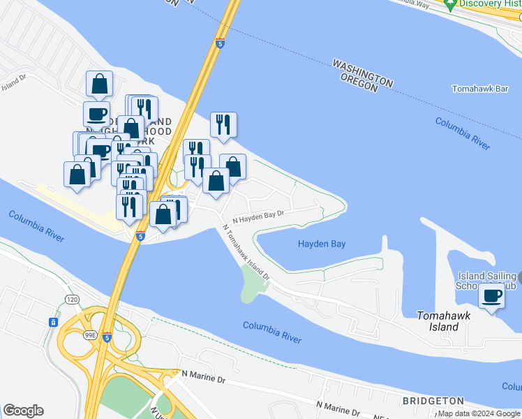 map of restaurants, bars, coffee shops, grocery stores, and more near 474 North Hayden Island Drive in Portland