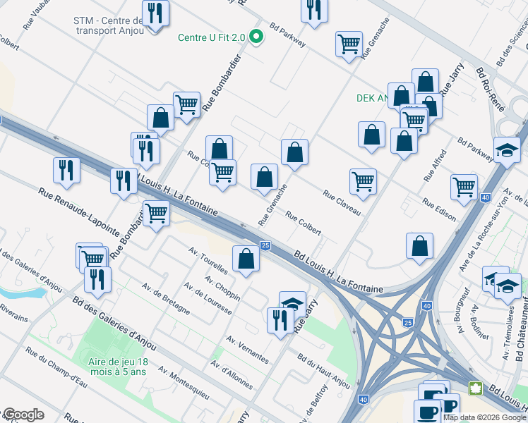 map of restaurants, bars, coffee shops, grocery stores, and more near 7711 Rue Grenache in Montréal