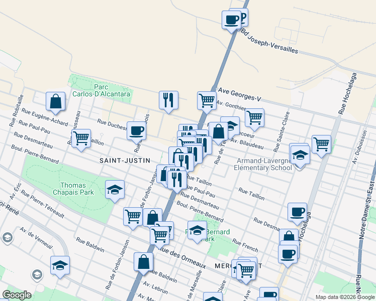 map of restaurants, bars, coffee shops, grocery stores, and more near 9355 Rue Sherbrooke Est in Montréal