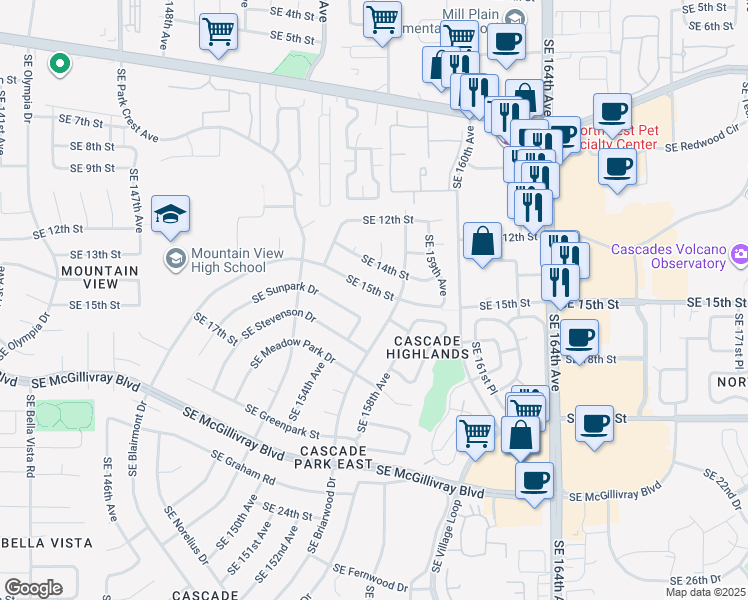 map of restaurants, bars, coffee shops, grocery stores, and more near 15612 Southeast 15th Street in Vancouver