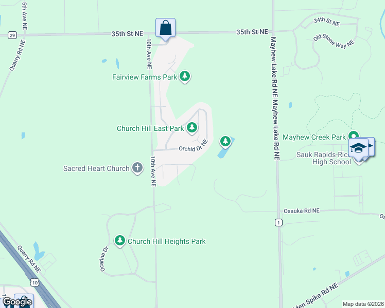 map of restaurants, bars, coffee shops, grocery stores, and more near 1176 Orchid Drive Northeast in Sauk Rapids