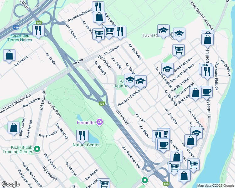 map of restaurants, bars, coffee shops, grocery stores, and more near 1111 Boulevard Vanier in Laval