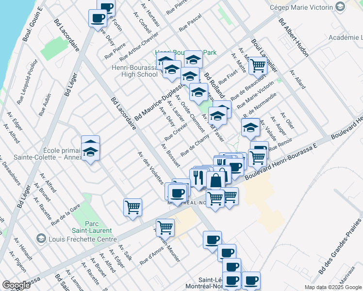 map of restaurants, bars, coffee shops, grocery stores, and more near 5836 Rue Lauzon in Montréal