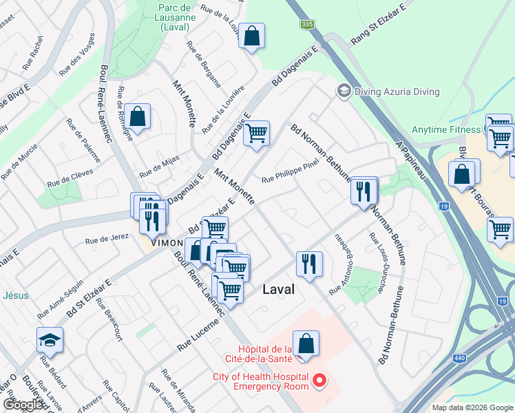 map of restaurants, bars, coffee shops, grocery stores, and more near 2086 Rue Pierre Beaubien in Laval