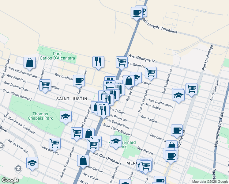 map of restaurants, bars, coffee shops, grocery stores, and more near 9372 Rue Sherbrooke Est in Montréal