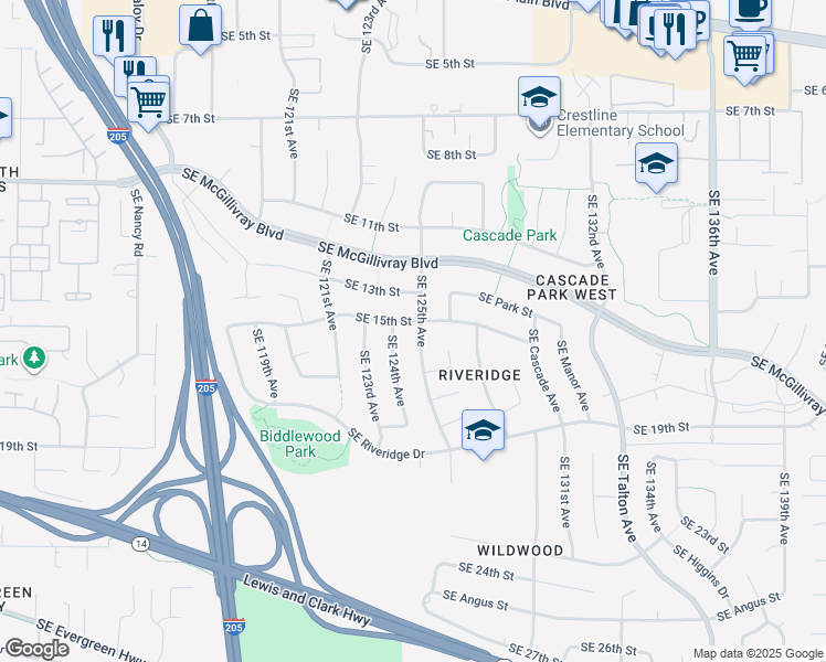 map of restaurants, bars, coffee shops, grocery stores, and more near 1504 Southeast 125th Avenue in Vancouver