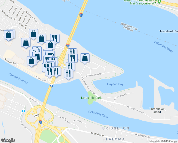 map of restaurants, bars, coffee shops, grocery stores, and more near 12030 North Jantzen Beach Avenue in Portland