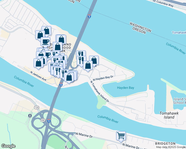 map of restaurants, bars, coffee shops, grocery stores, and more near 12030 North Jantzen Beach Avenue in Portland