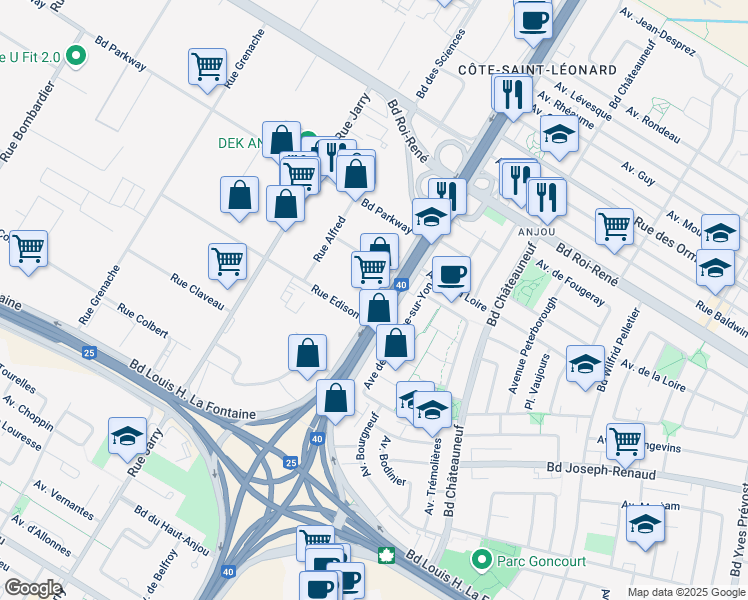 map of restaurants, bars, coffee shops, grocery stores, and more near 8211 Boulevard Métropolitain Est in Montréal