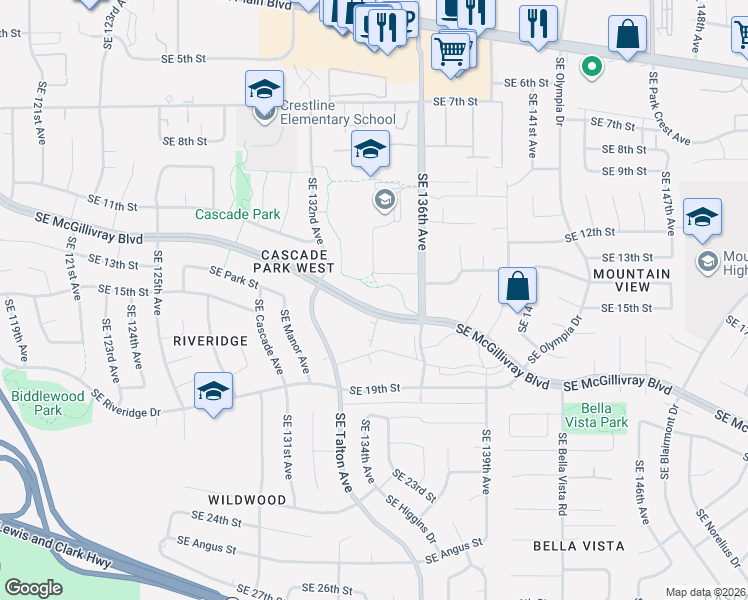 map of restaurants, bars, coffee shops, grocery stores, and more near 13410 Southeast McGillivray Boulevard in Vancouver