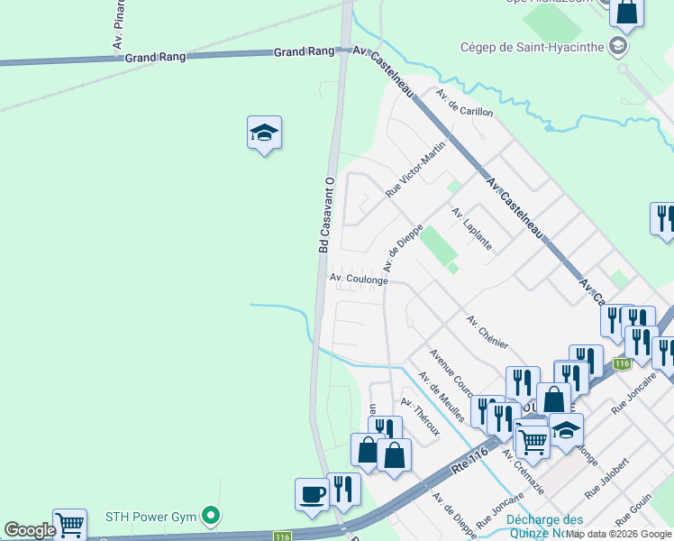 map of restaurants, bars, coffee shops, grocery stores, and more near 1980 Avenue Coulonge in Saint-Hyacinthe