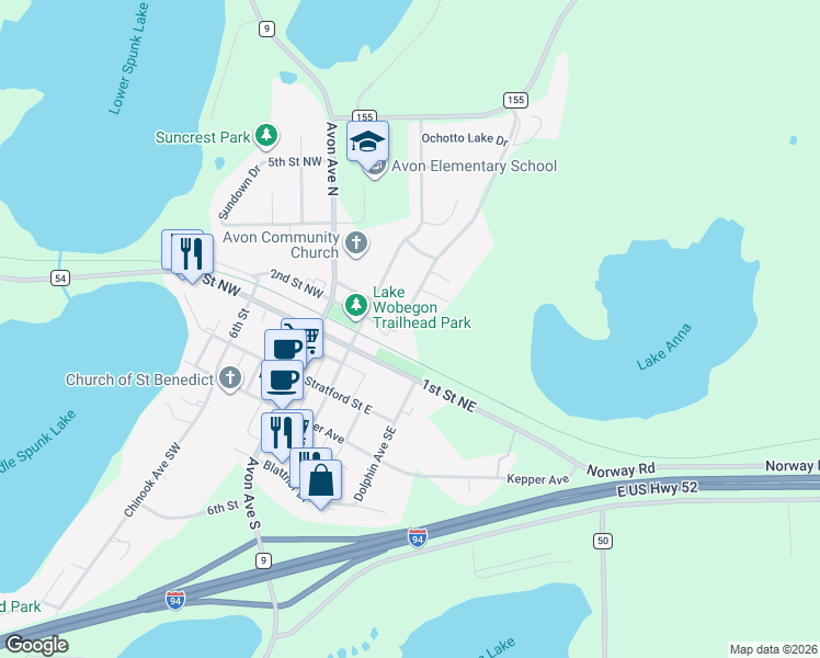 map of restaurants, bars, coffee shops, grocery stores, and more near 110 Char Avenue Northeast in Avon