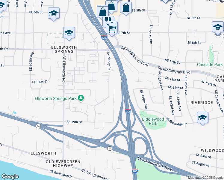 map of restaurants, bars, coffee shops, grocery stores, and more near 1506 Southeast 115th Court in Vancouver