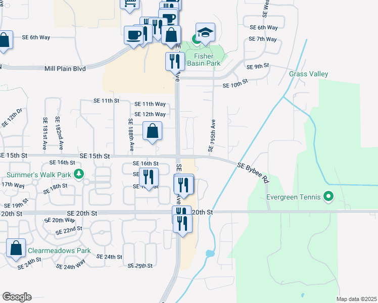 map of restaurants, bars, coffee shops, grocery stores, and more near 19323 Southeast 14th Way in Camas