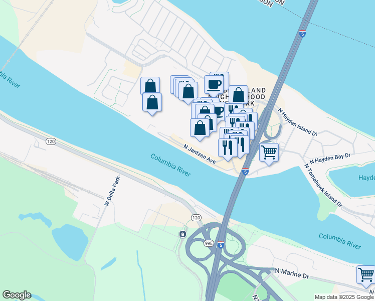 map of restaurants, bars, coffee shops, grocery stores, and more near 1521 North Jantzen Street in Portland
