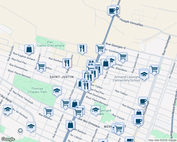 map of restaurants, bars, coffee shops, grocery stores, and more near 9355 Rue Sherbrooke Est in Montréal