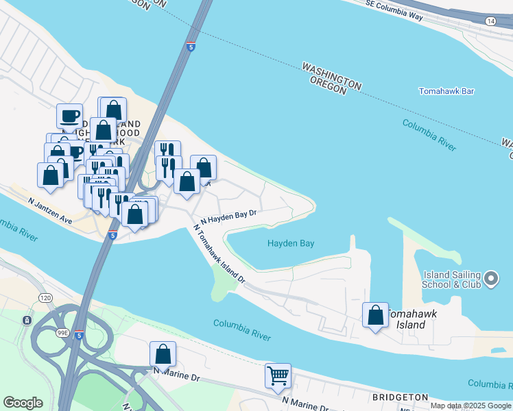 map of restaurants, bars, coffee shops, grocery stores, and more near 378 North Hayden Island Drive in Portland