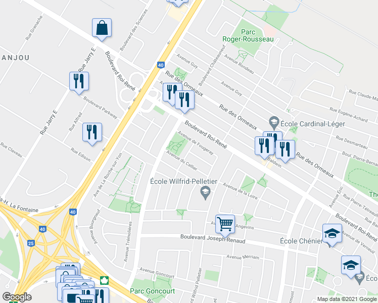 map of restaurants, bars, coffee shops, grocery stores, and more near Avenue Argenton in Montreal