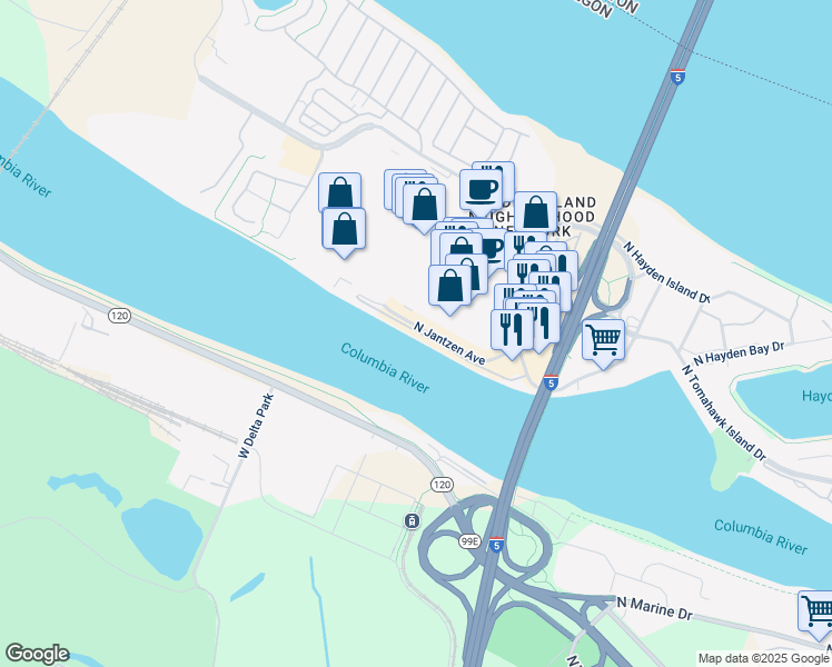 map of restaurants, bars, coffee shops, grocery stores, and more near 1521 North Jantzen Street in Portland