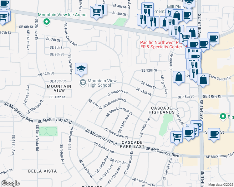 map of restaurants, bars, coffee shops, grocery stores, and more near 15203 Southeast Sunpark Drive in Vancouver