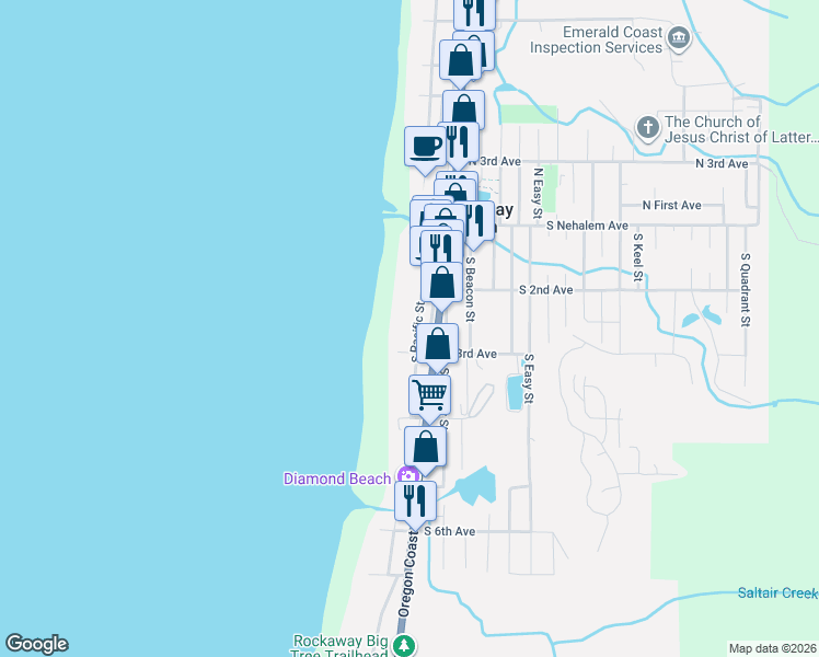 map of restaurants, bars, coffee shops, grocery stores, and more near 249 South Miller Street in Tillamook