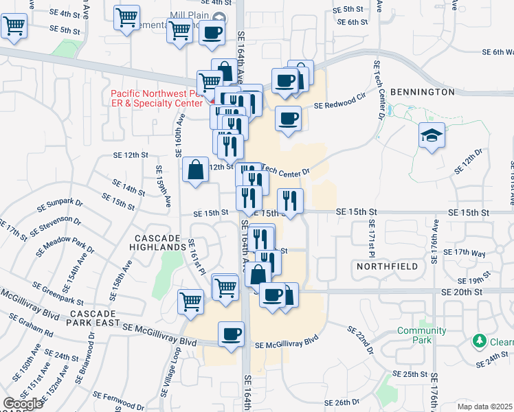map of restaurants, bars, coffee shops, grocery stores, and more near 16500 Southeast 15th Street in Vancouver