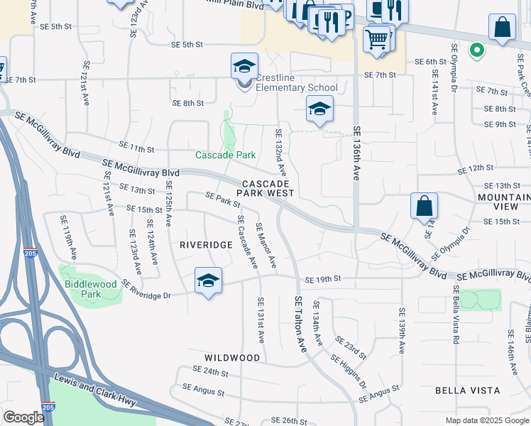 map of restaurants, bars, coffee shops, grocery stores, and more near 1409 Southeast Manor Avenue in Vancouver