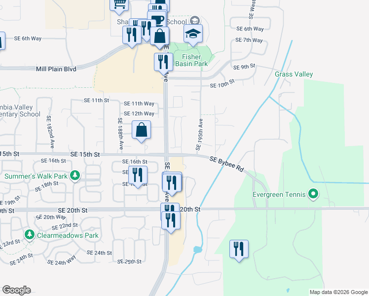 map of restaurants, bars, coffee shops, grocery stores, and more near 19323 Southeast 14th Way in Camas
