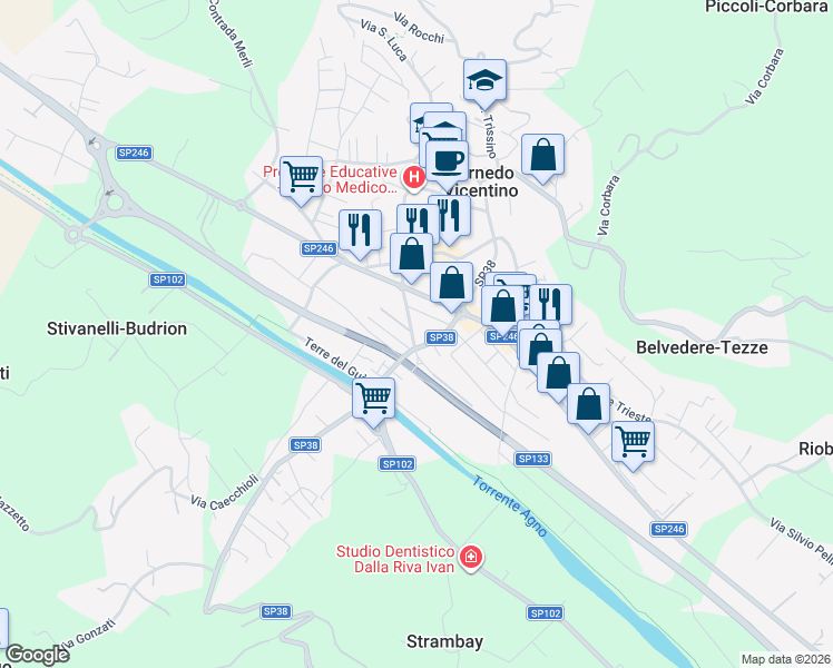 map of restaurants, bars, coffee shops, grocery stores, and more near 24 Via Rasia Dal Polo in Cornedo Vicentino