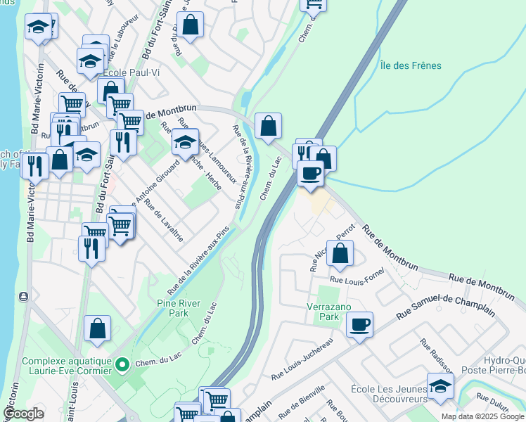 map of restaurants, bars, coffee shops, grocery stores, and more near in Boucherville