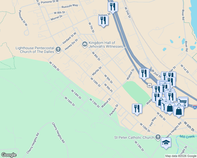 map of restaurants, bars, coffee shops, grocery stores, and more near 2218 West 9th Place in The Dalles