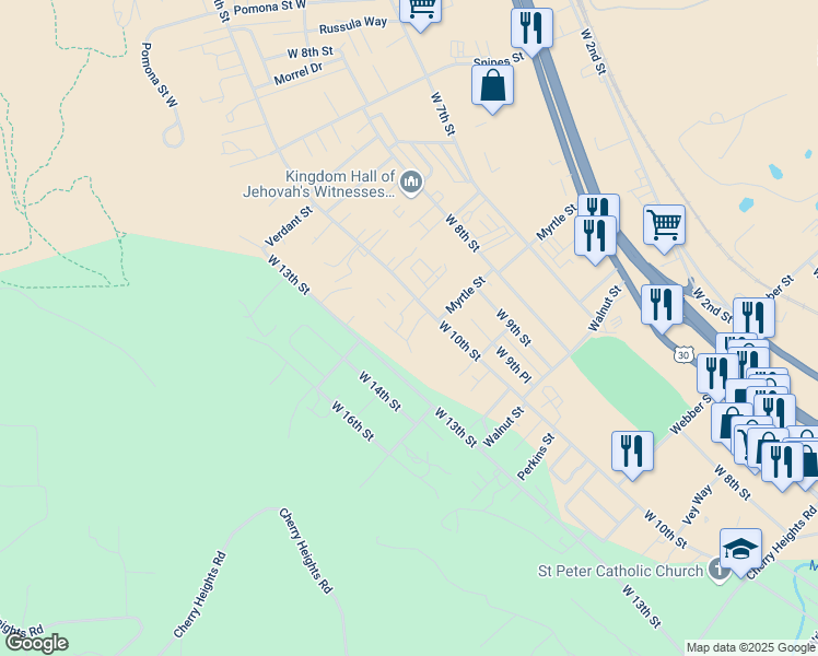 map of restaurants, bars, coffee shops, grocery stores, and more near 1117 Myrtle Street in The Dalles