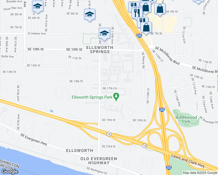 map of restaurants, bars, coffee shops, grocery stores, and more near 10800 Southeast 17th Circle in Vancouver