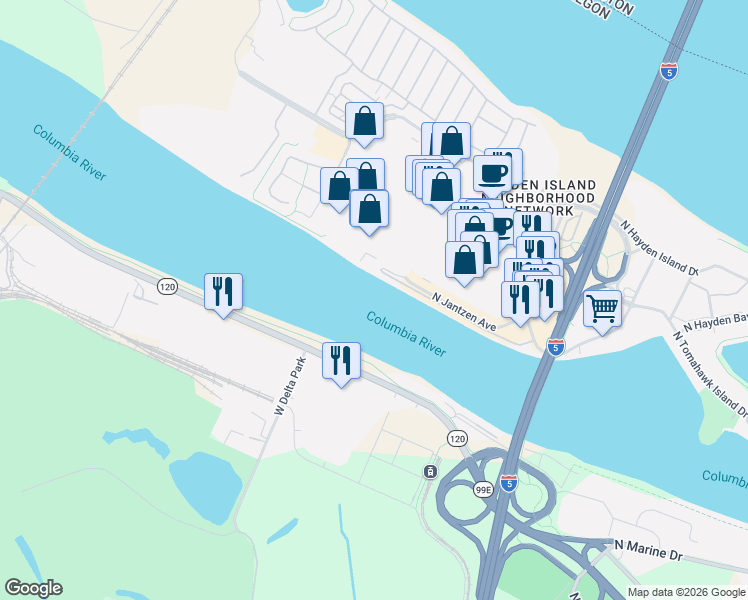 map of restaurants, bars, coffee shops, grocery stores, and more near 1833 North Jantzen Avenue in Portland