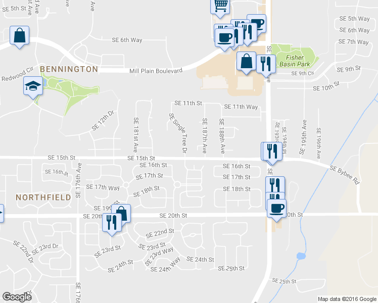 map of restaurants, bars, coffee shops, grocery stores, and more near 18414 Southeast 15th Street in Vancouver