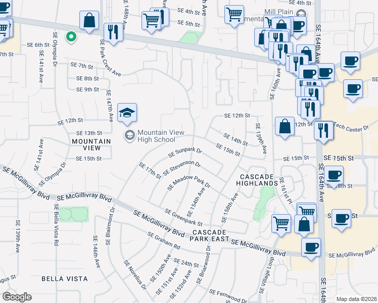 map of restaurants, bars, coffee shops, grocery stores, and more near 15203 Southeast Sunpark Drive in Vancouver