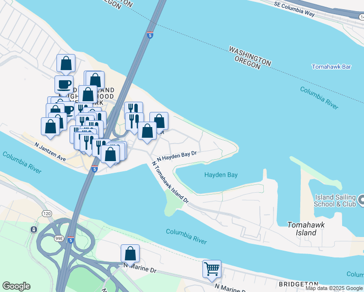 map of restaurants, bars, coffee shops, grocery stores, and more near 474 North Hayden Island Drive in Portland